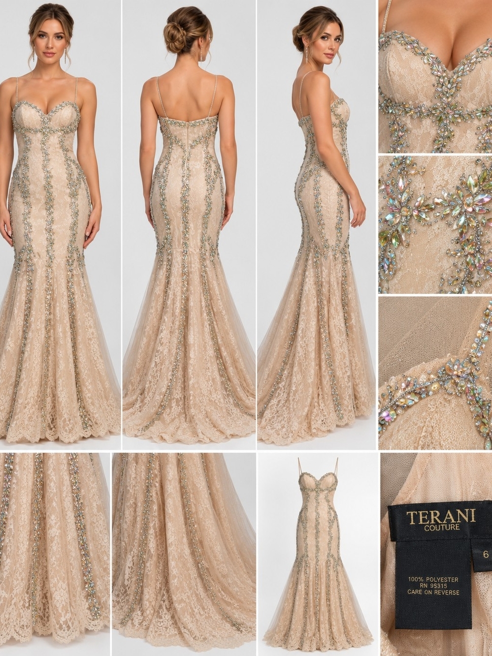 Terani Couture Champagne Beaded Lace Mermaid Gown